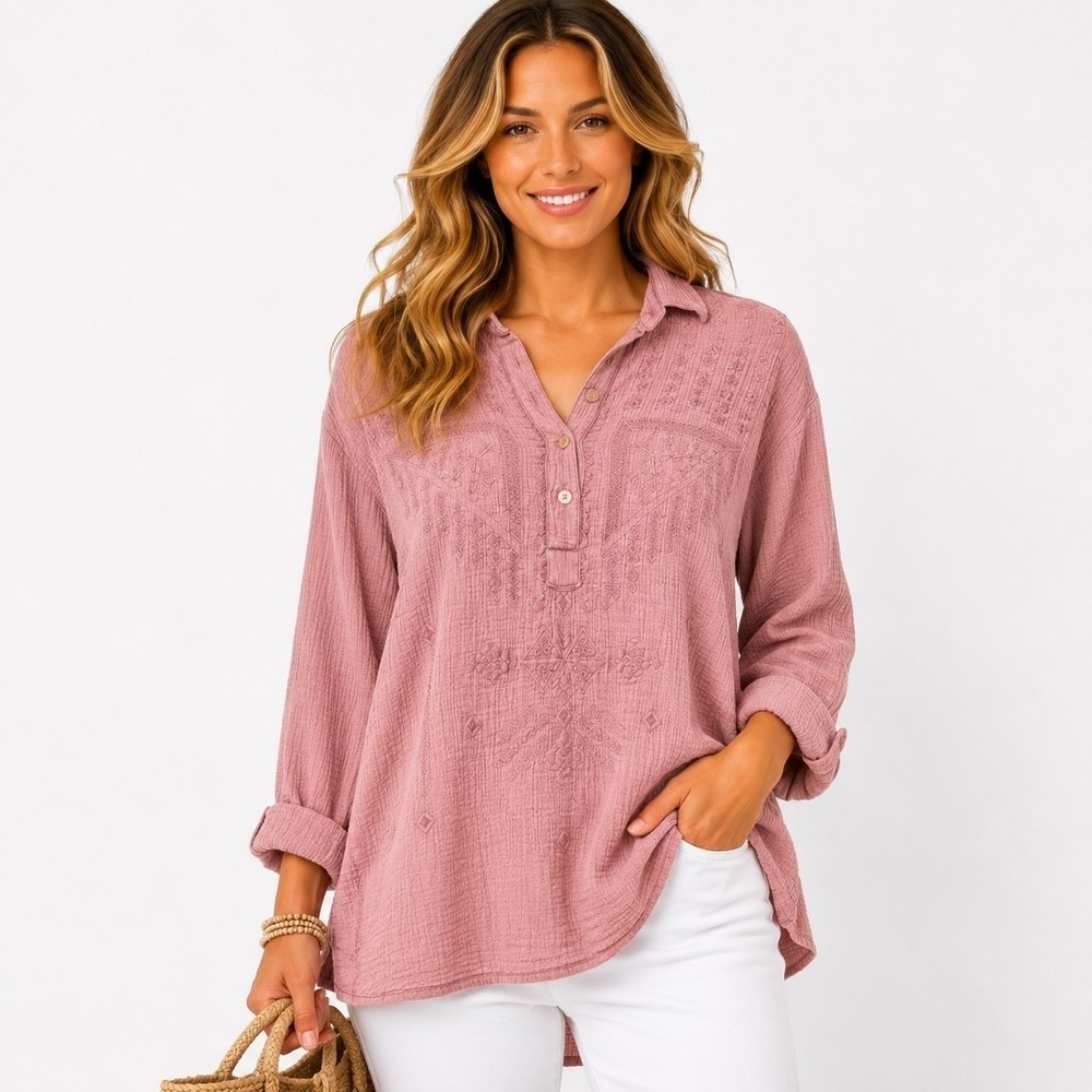 Kyla Seo Boho Tunic Top Womens S Pink Cotton Gauze Embroidered Relaxed Resort